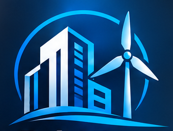 Logo ReBuild Energy z budynkiem i turbiną wiatrową